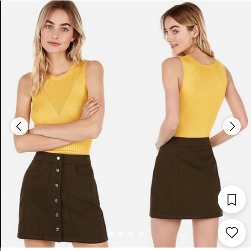 Express Full Snap Button-Front Olive Green Mini Skirt Size 10 Stretchy Fitted